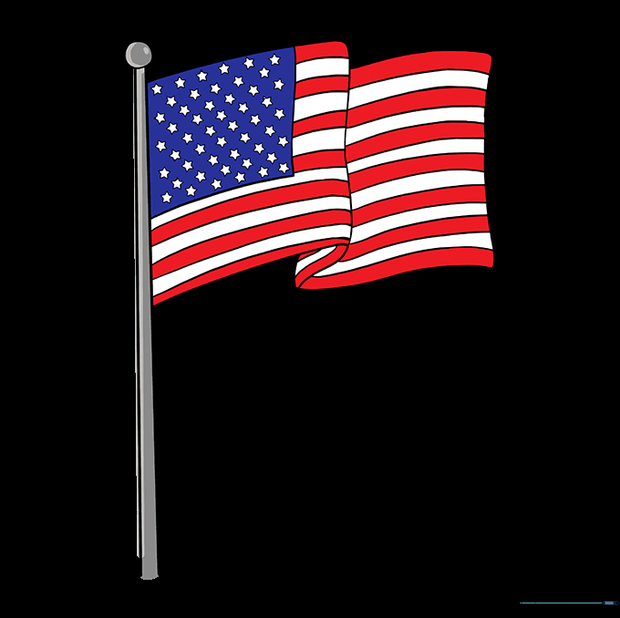 The finished American flag drawing colored with red, white, and blue.