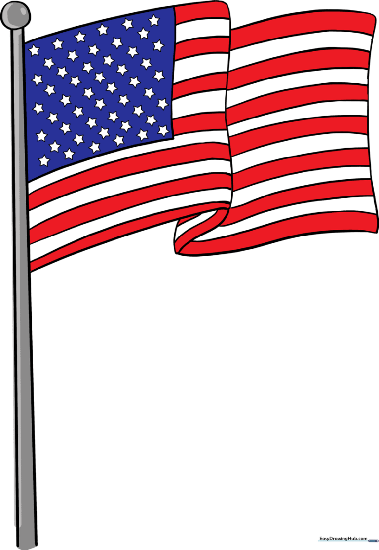 A vibrant, finished drawing of a waving American flag on a flagpole.
