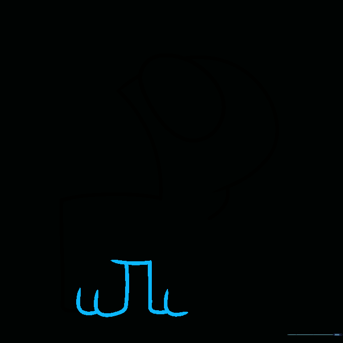 Detailed view of drawing rounded loops at the base to form the monster's feet.