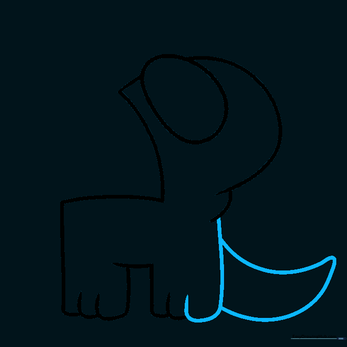 Drawing a curved, banana-shaped tail extending from the back of the character.