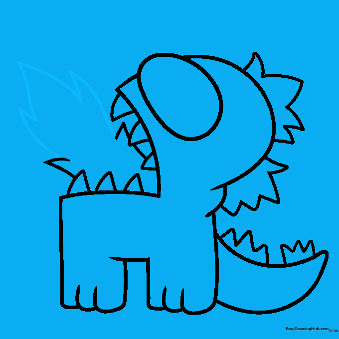 Finalizing the drawing with a bold black outline and adding flame details.