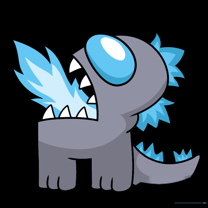 The completed Among Us Godzilla drawing colored with blue and grey tones.