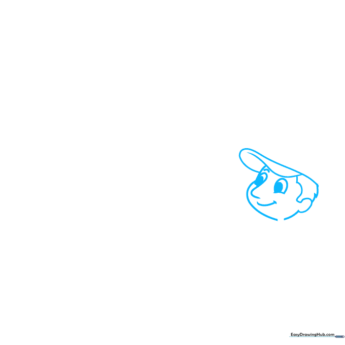 Pencil sketch of a cartoon character's face showing eyes, nose, and cap brim for an autumn drawing.