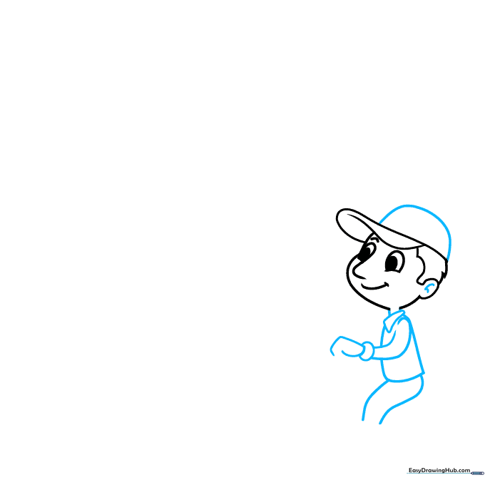 Drawing the upper body of a cartoon character including shirt collar, arm, and hand.