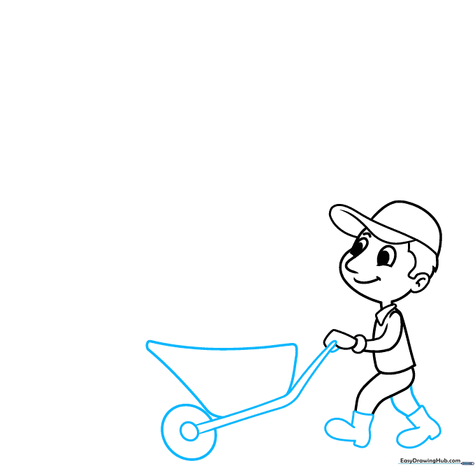 Sketching the character's legs, boots, and the frame of a wheelbarrow.