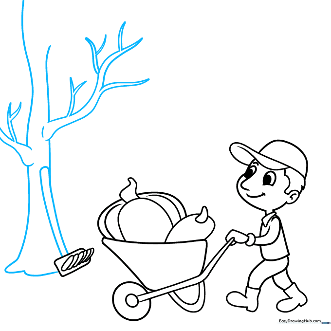 Drawing a tree with bare branches and the handle of the garden rake.