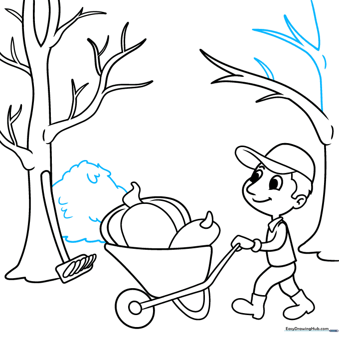 Drawing a pile of fallen leaves with textured U-shaped lines.