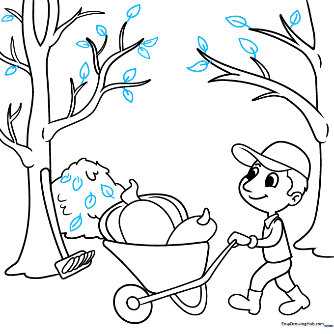 Adding individual teardrop-shaped leaves to the trees and the ground.