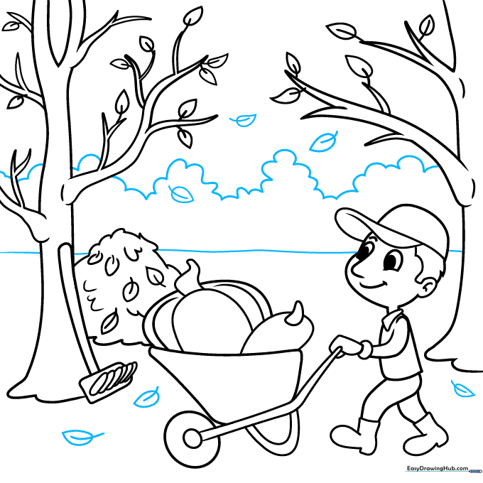 Adding a horizon line and distant trees to complete the landscape.