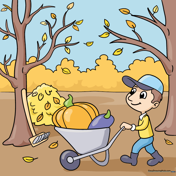 A fully colored autumn scene featuring warm fall colors like orange, red, and gold.
