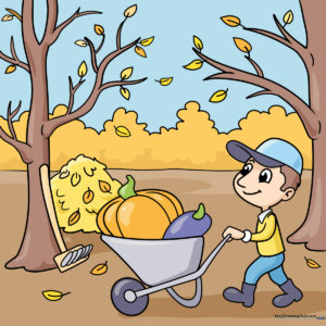 A vibrant, finished drawing of an autumn scene with a character, pumpkins, and fall trees.
