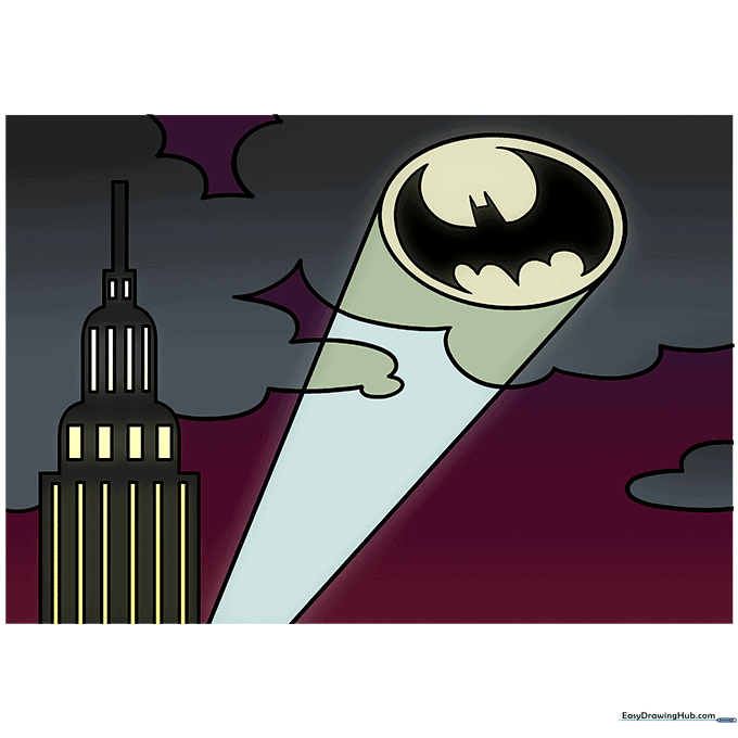 Fully colored Bat Signal drawing with yellow light and dark night sky.