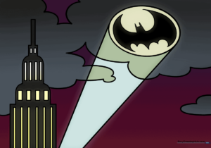 A completed, vibrant drawing of the Bat Signal shining into the night sky over a city.