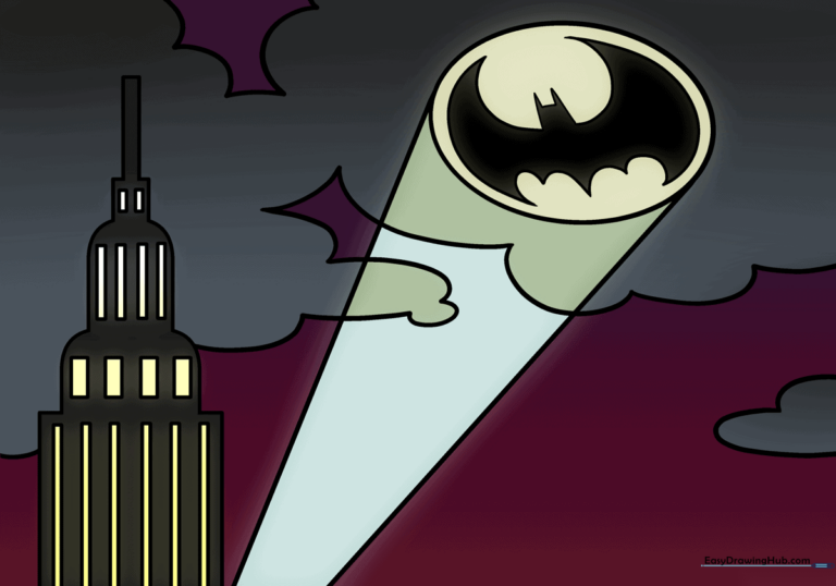 A completed, vibrant drawing of the Bat Signal shining into the night sky over a city.