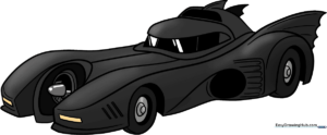 Dynamic illustration of the finished Batmobile, showcasing its sleek design and dark color scheme.