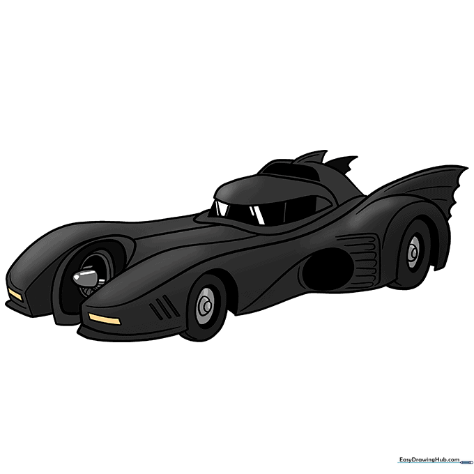 A fully colored, black Batmobile with highlights to show a metallic, shiny finish.