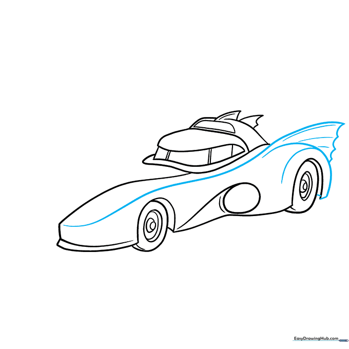 Refining the side profile of the Batmobile with long, sweeping curved lines.