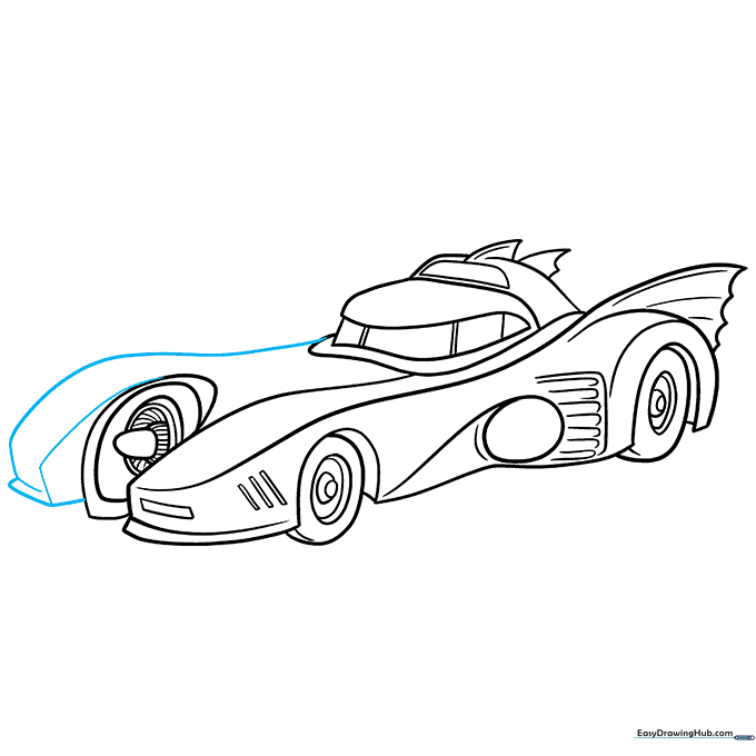 Adding final contour lines to the front hood of the Batmobile.