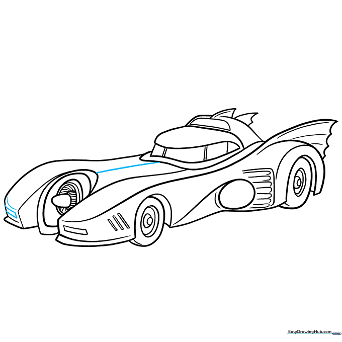 Adding the final headlight and a center hood line to complete the Batmobile outline.