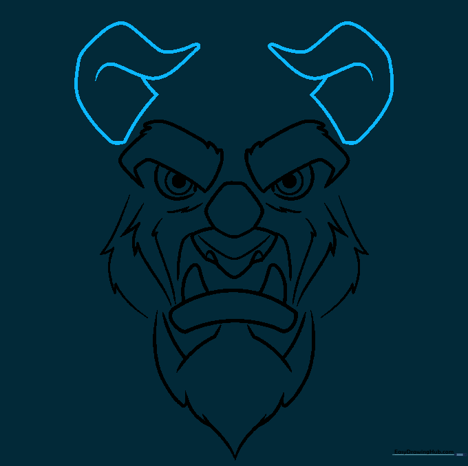 Adding the curved horns to the top of The Beast's head.