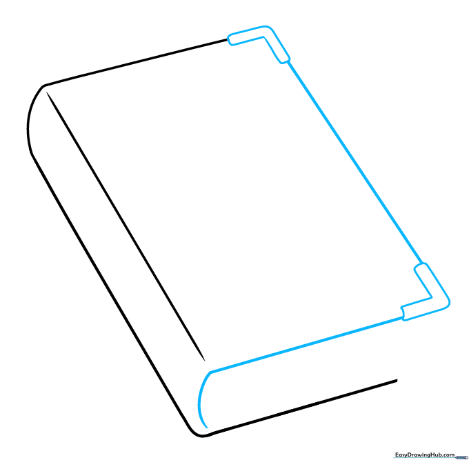Adding depth to the book cover by drawing corner details and a curved spine base.