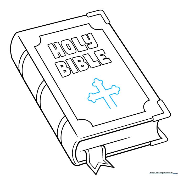 Drawing a decorative cross symbol in the center of the Bible cover.