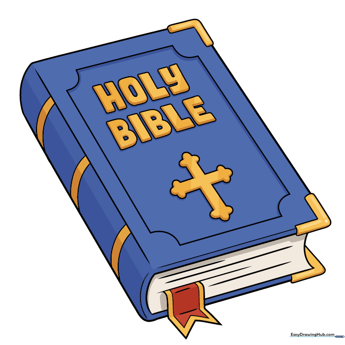 A fully colored Bible drawing with a black cover and gold details.