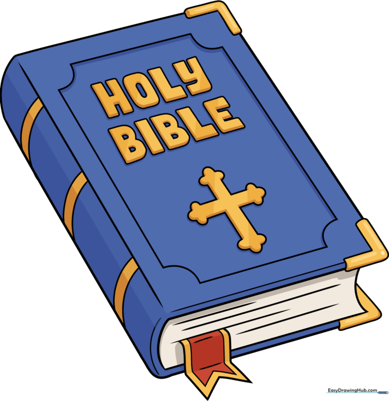 A completed, colored illustration of a Bible, showing a black cover with gold lettering and a ribbon bookmark.