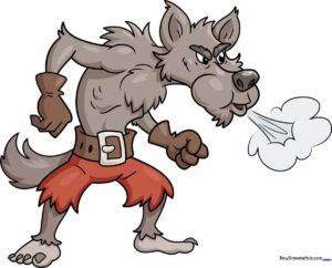 Colorful, finished drawing of the Big Bad Wolf standing in a classic cartoon style.