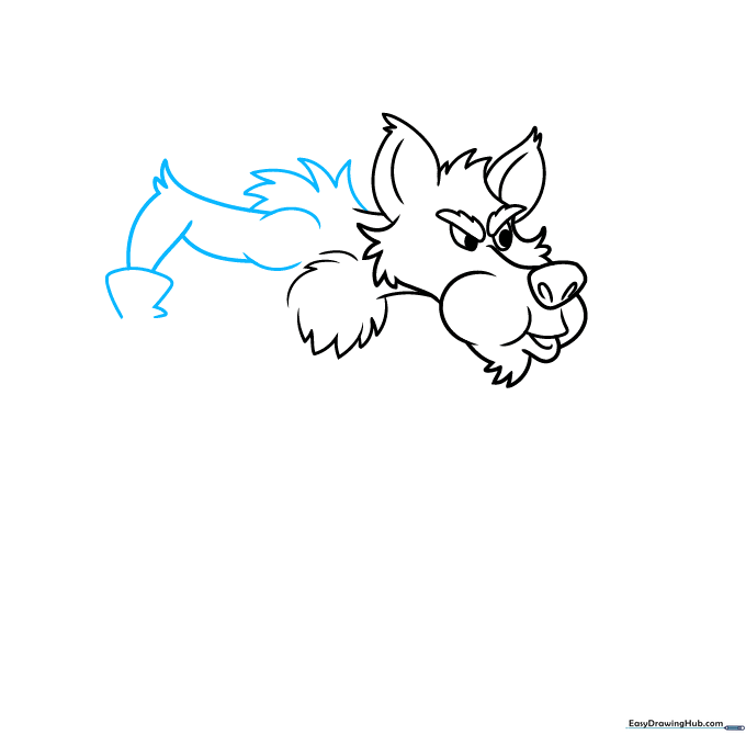 Sketching the wolf's arms and wrist details using basic geometric shapes.