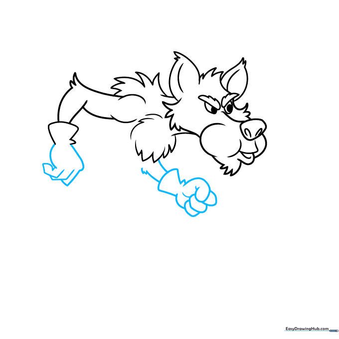 Adding blocky, cartoon-style fingers to the wolf's arms.