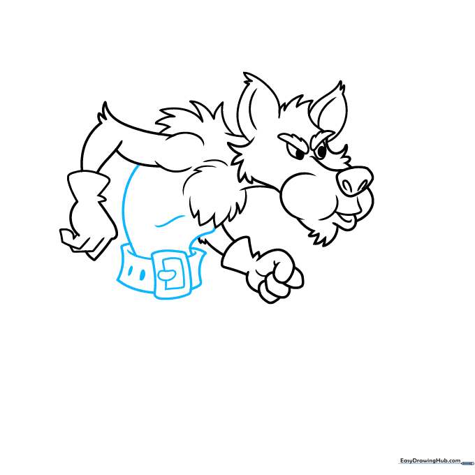 Drawing the wolf's belt, buckle, and torso outline.