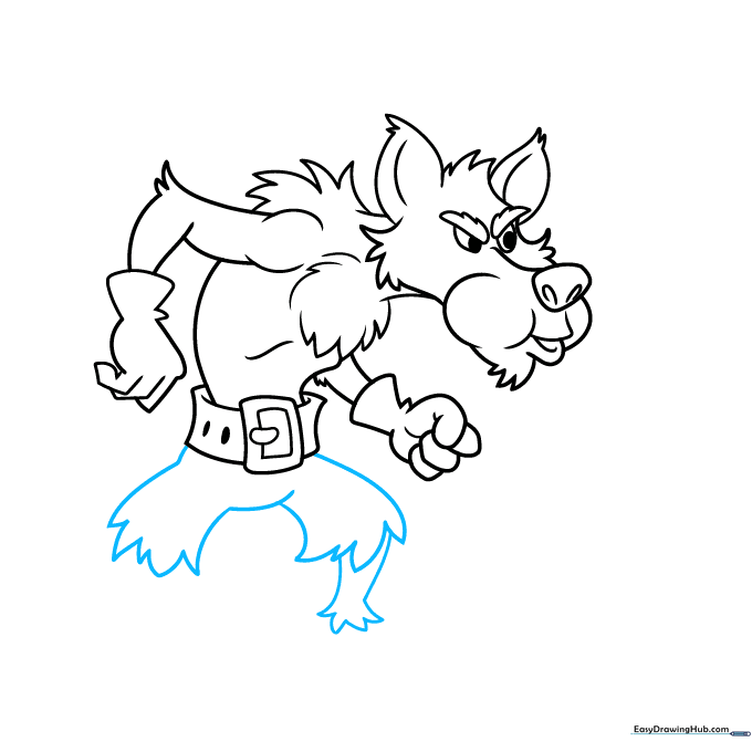 Adding the wolf's pant legs with simple curved lines and triangular folds.