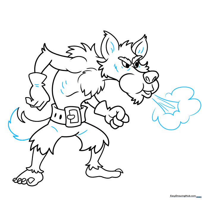 Final sketch of the Big Bad Wolf with added tail and fur details, ready for inking.