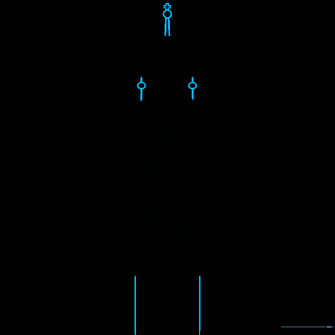 Drawing the final spire and cross details at the very top of the clock tower.