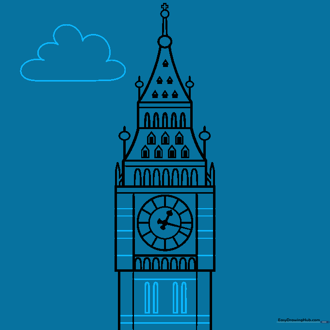 Adding fluffy cloud outlines behind the completed tower sketch.