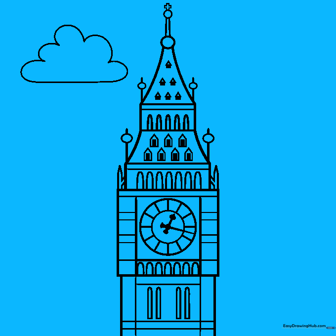 Finalizing the drawing by adding more clouds to the background.