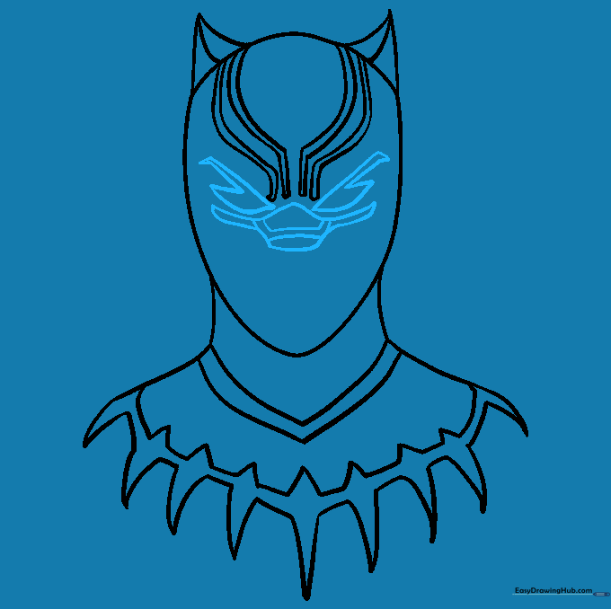 Sketching the narrow, angular eyes and the nose detail on the mask.