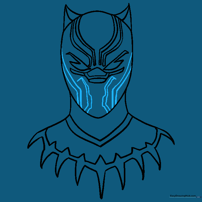Adding final line details to the lower part of the mask to complete the design.