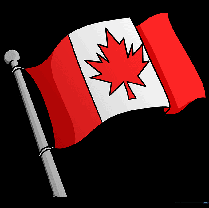 The finished, colored Canadian flag with red side panels and a red maple leaf in the center.