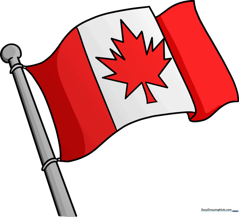 A vibrant, finished drawing of the Canadian flag waving on a flagpole.