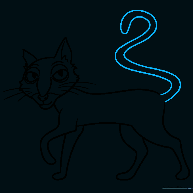 Adding a long, curved tail to complete the cat's body outline.