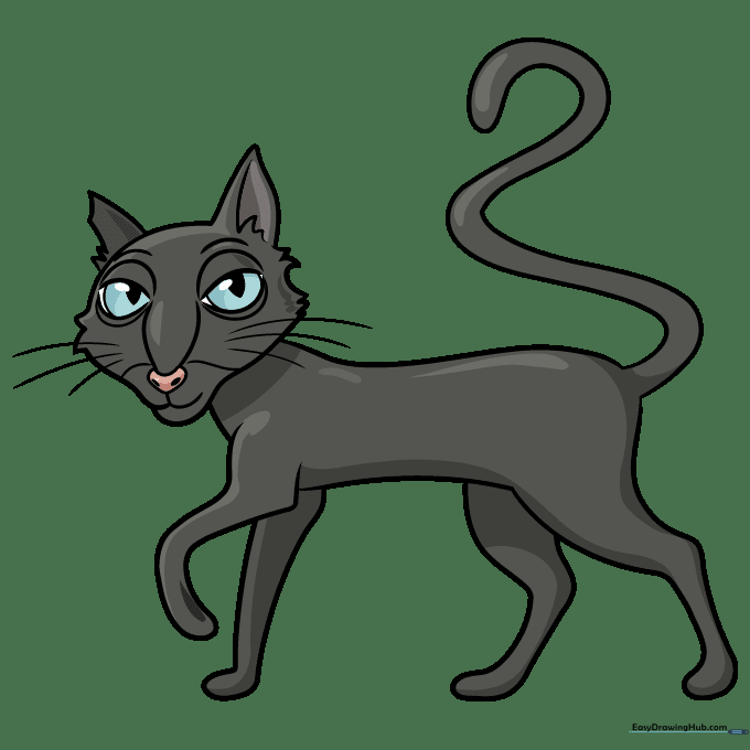 Final colored version of the Coraline cat with gray fur and blue eyes.