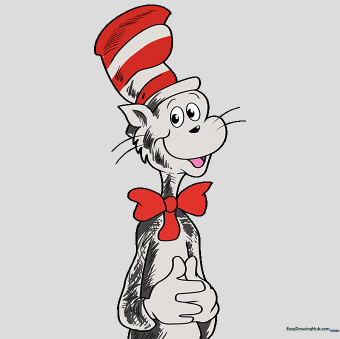 The finished, colored drawing of the Cat in the Hat with red stripes and bowtie.