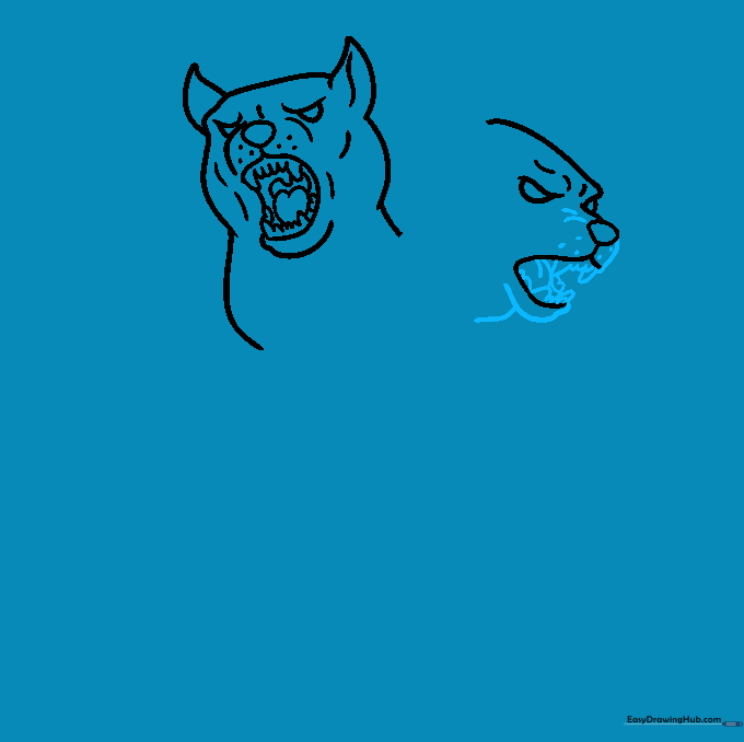 Adding teeth and tongue details to the second head of the Cerberus drawing.