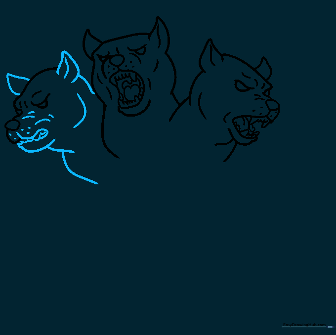 Connecting the three heads and refining the jaw and neck lines of the Cerberus.