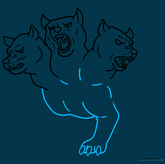 Sketching the main body and front legs of the mythical dog.