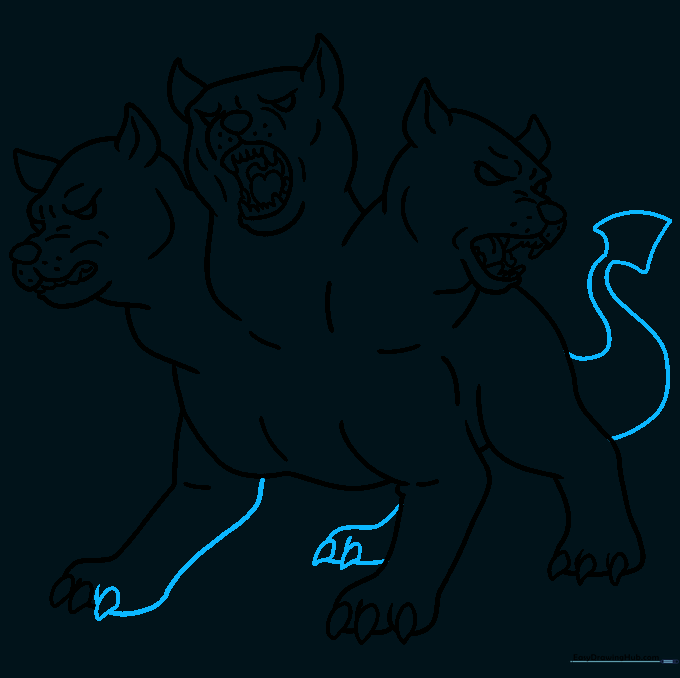 Finalizing the outline of the Cerberus, including the tail and leg details.