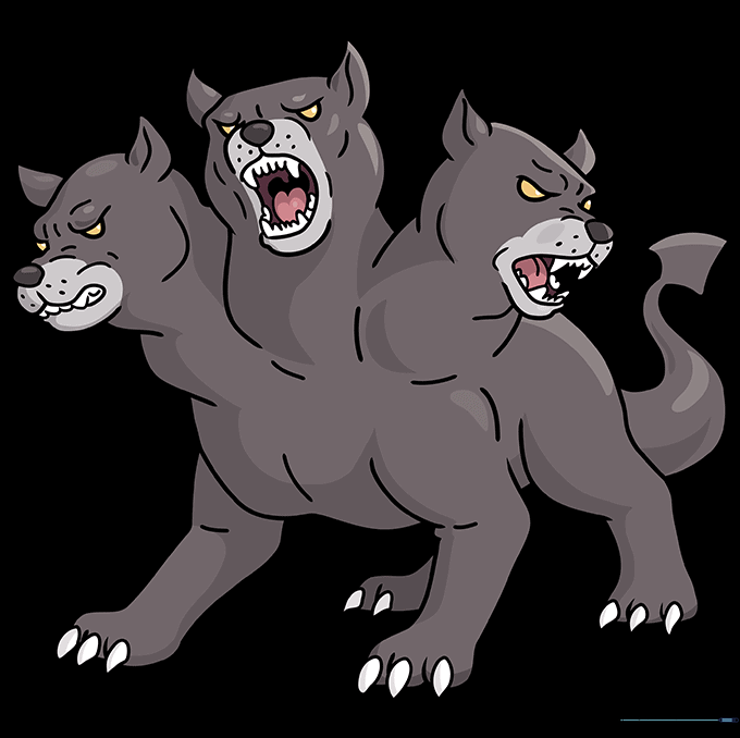 The finished, colored drawing of the three-headed Cerberus.
