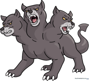 A vibrant, finished illustration of the mythical three-headed Cerberus.